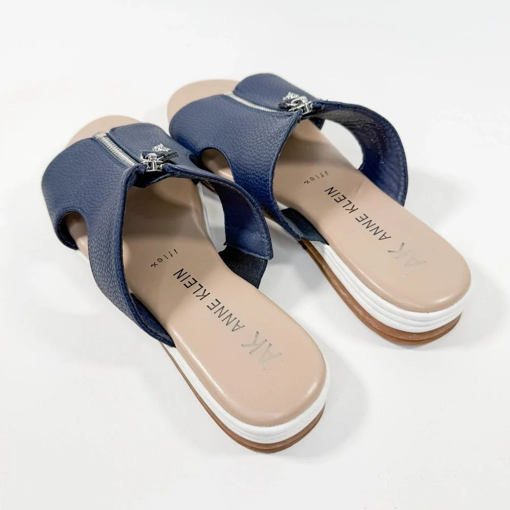 Anne Klein Women's Sandals iFlex Navy Blue‎ Zip Front Slide Shoes Size 7M
